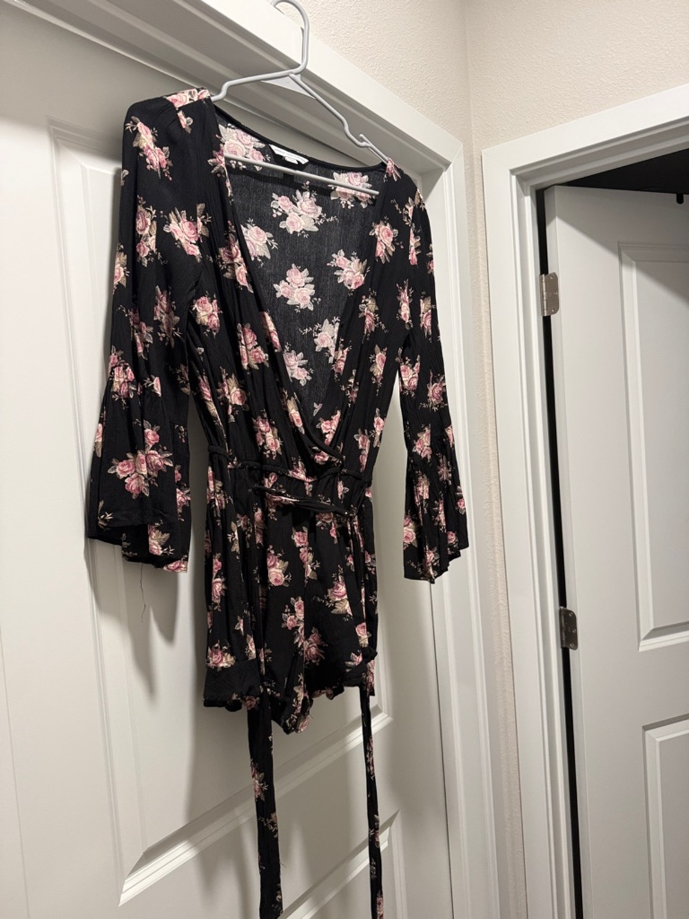 American Eagle Outfitters Black Floral Wrap Romper